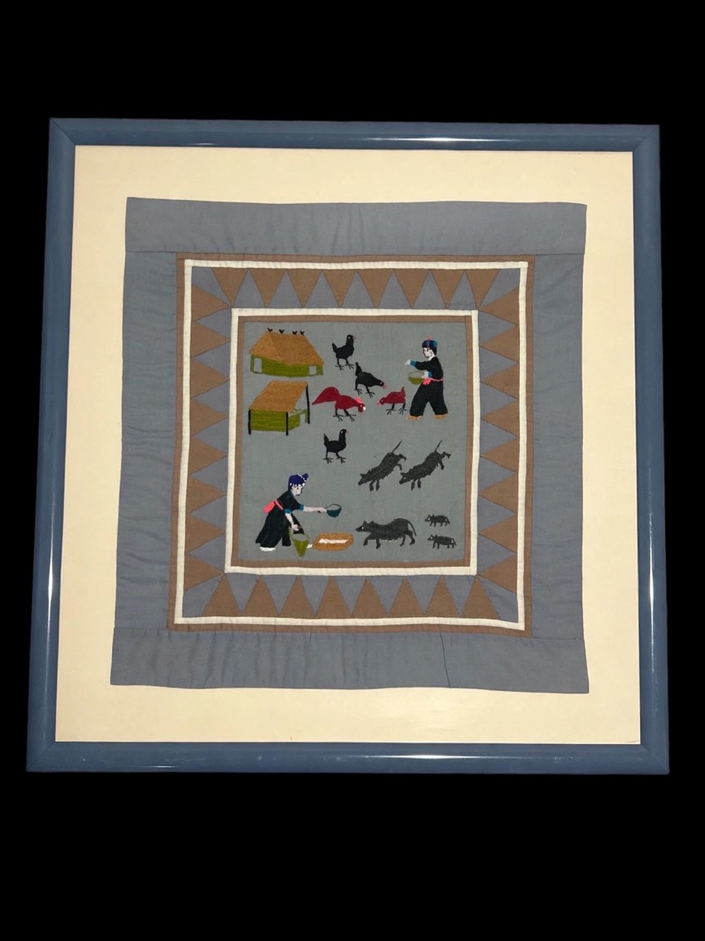 Vintage Hmong Story Cloth Paj Ntaub Framed Textile Art Farm Village Life